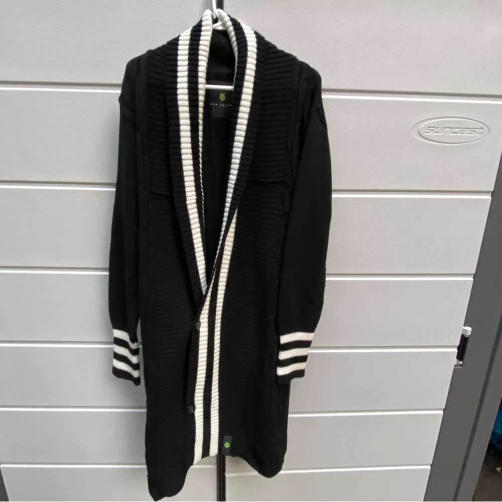 Ron Tomson Capsule Longline Cardigan Black White Stripe Large Double Button